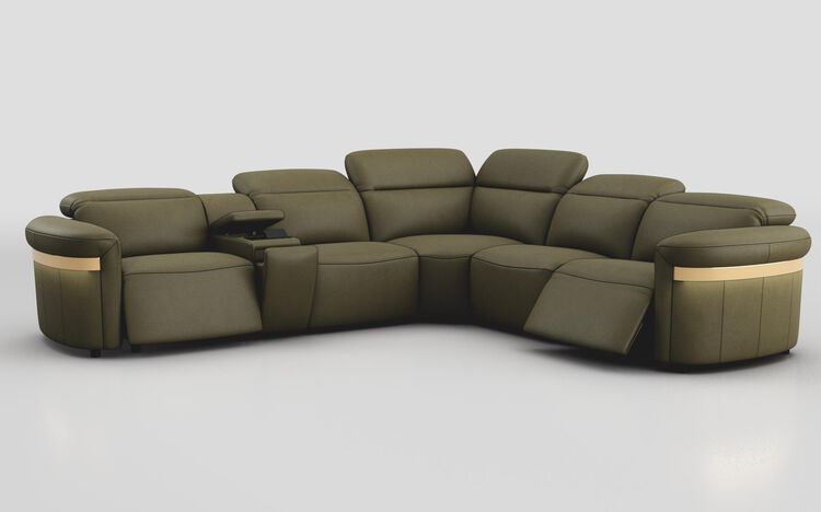 Voltana 2 Corner 2 Power Recliner with Left Facing Console, Manual Head Tilt, LEDs & Gold Trim | Voltana Sofa Range | ScS