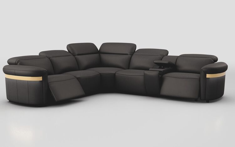 Voltana 2 Corner 2 Power Recliner with Right Facing Console, Manual Head Tilt, LEDs & Gold Trim | Voltana Sofa Range | ScS
