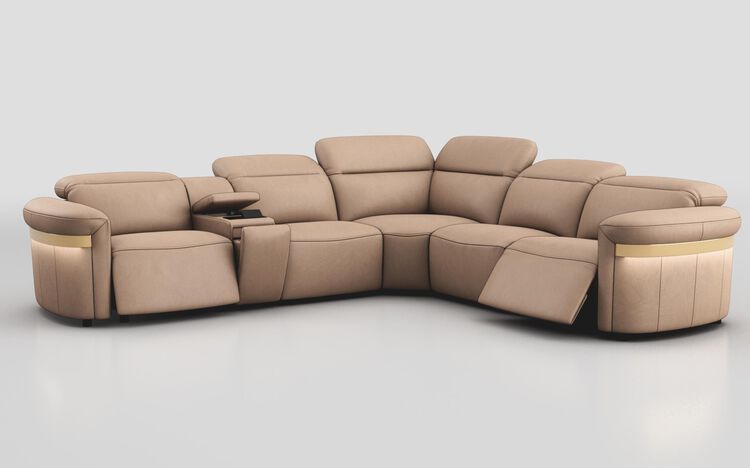 Voltana 2 Corner 2 Power Recliner with Left Facing Console, Manual Head Tilt, LEDs & Gold Trim | Voltana Sofa Range | ScS