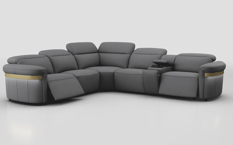 Voltana 2 Corner 2 Power Recliner with Right Facing Console, Manual Head Tilt, LEDs & Gold Trim | Voltana Sofa Range | ScS