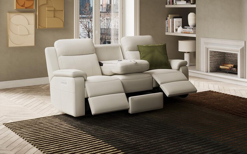 Calboli 3 Seater Power Recliner Sofa with Power Head Tilt, Lumbar, Drawer & Table