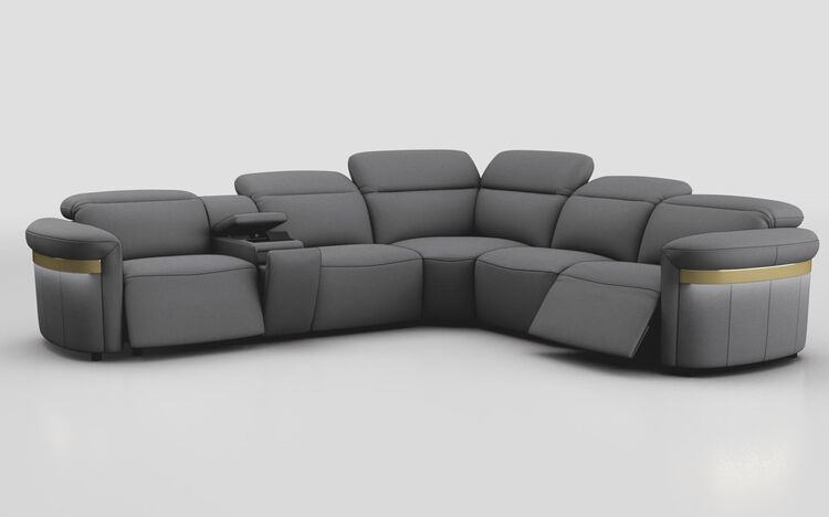 Voltana 2 Corner 2 Power Recliner with Left Facing Console, Manual Head Tilt, LEDs & Gold Trim | Voltana Sofa Range | ScS