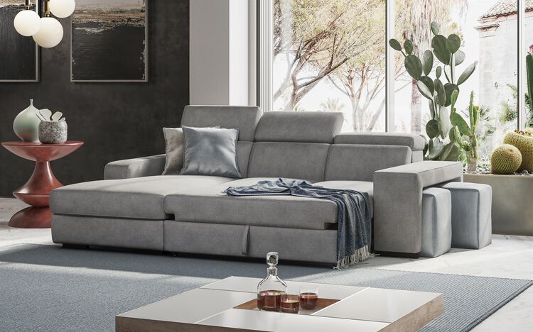 Melizzano 2 Corner 2 Sofa with Sliding Footrest, Left Hand Facing Chaise with Pockets & Ottoman | Melizzano Sofa Range | ScS