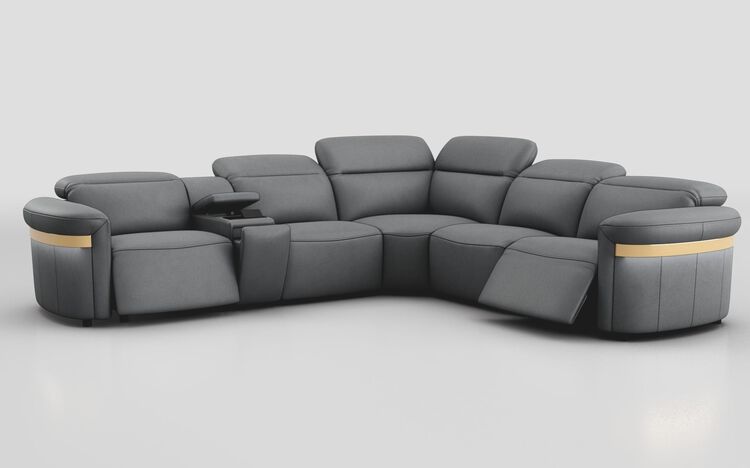 Voltana 2 Corner 2 Power Recliner with Left Facing Console, Manual Head Tilt, LEDs & Gold Trim | Voltana Sofa Range | ScS
