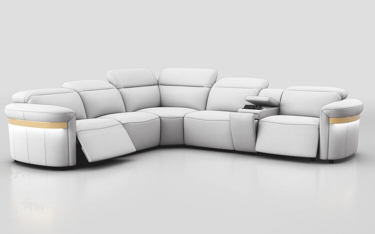 Voltana 2 Corner 2 Power Recliner with Right Facing Console, Manual Head Tilt, LEDs & Gold Trim | Voltana Sofa Range | ScS