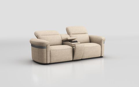 Beige Fabric Voltana 3 Seater Sofa with Console, Manual Head Tilt & Silver Trim