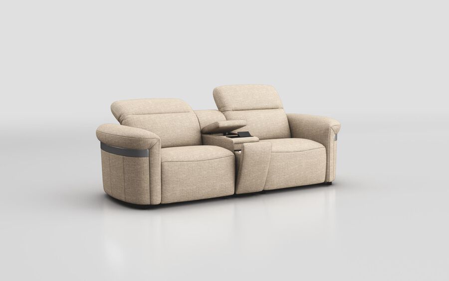Beige Fabric Voltana 3 Seater Sofa with Console, Manual Head Tilt & Silver Trim