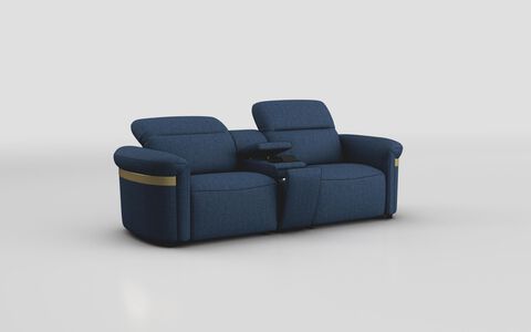 Blue Fabric Voltana 3 Seater Sofa with Console, Manual Head Tilt & Gold Trim