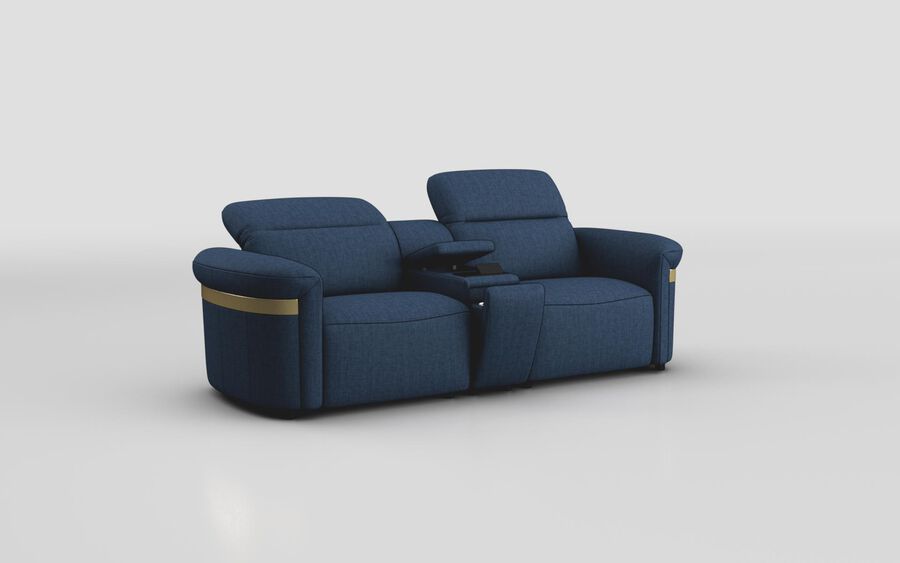 Blue Fabric Voltana 3 Seater Sofa with Console, Manual Head Tilt & Gold Trim
