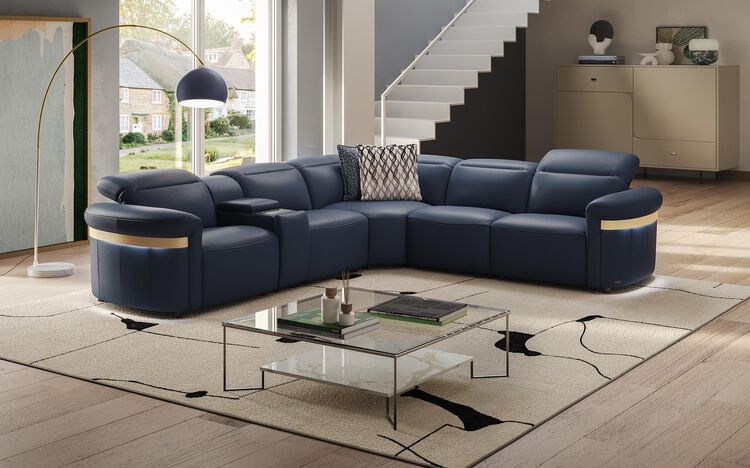 Voltana 2 Corner 2 Power Recliner with Right Facing Console, Manual Head Tilt, LEDs & Silver Trim | Voltana Sofa Range | ScS