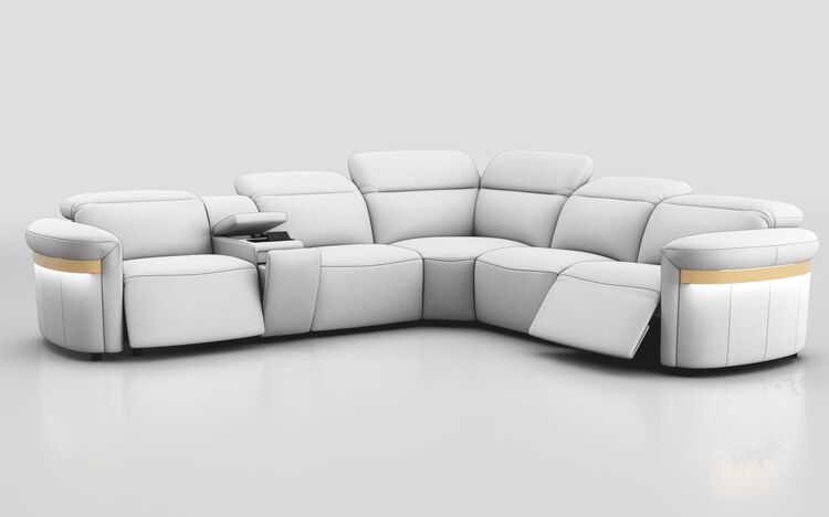 Voltana 2 Corner 2 Power Recliner with Left Facing Console, Manual Head Tilt, LEDs & Gold Trim | Voltana Sofa Range | ScS