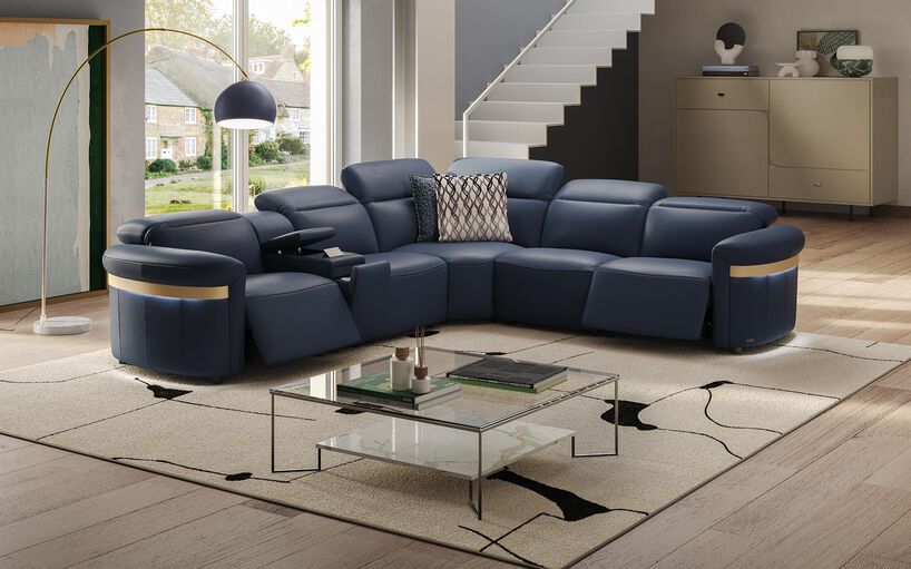 Voltana 2 Corner 2 Power Recliner with Left Facing Console, Manual Head Tilt, LEDs & Gold Trim
