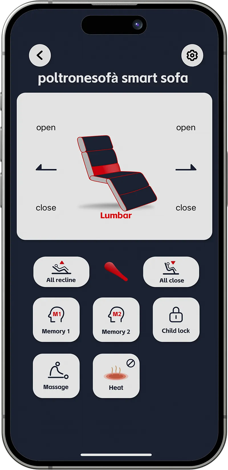 Sofa app - main control screen